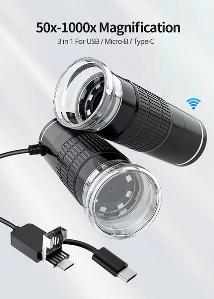 Беспроводной цифровой с увеличением 50X-1000X USB-микроскоп с гибкой подставкой для ПК, iPhone, Android 2432016000001 фото